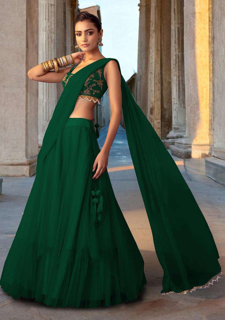 Dark Green Hand Work Lehenga Set - Indya