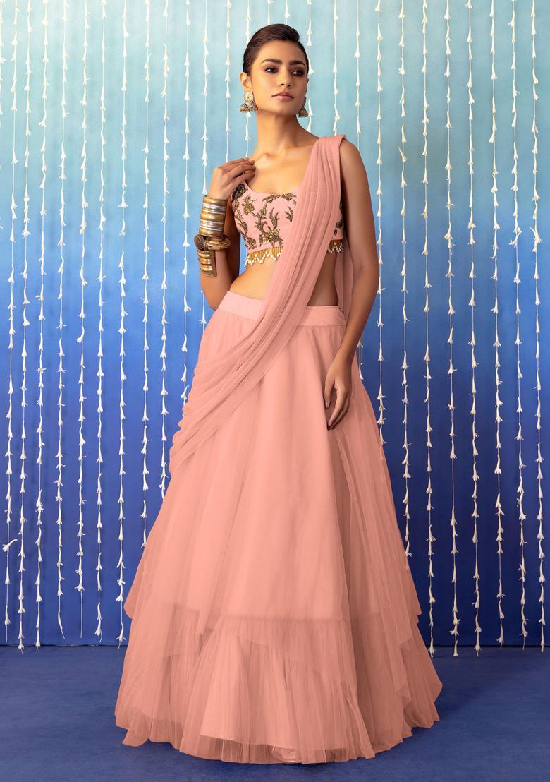 Peach Pink Hand Work Lehenga Set - Indya