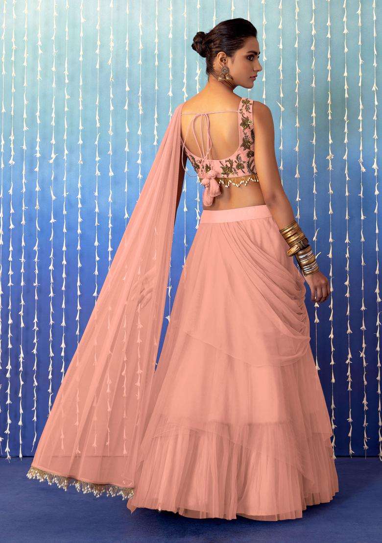 Peach Pink Hand Work Lehenga Set - Indya