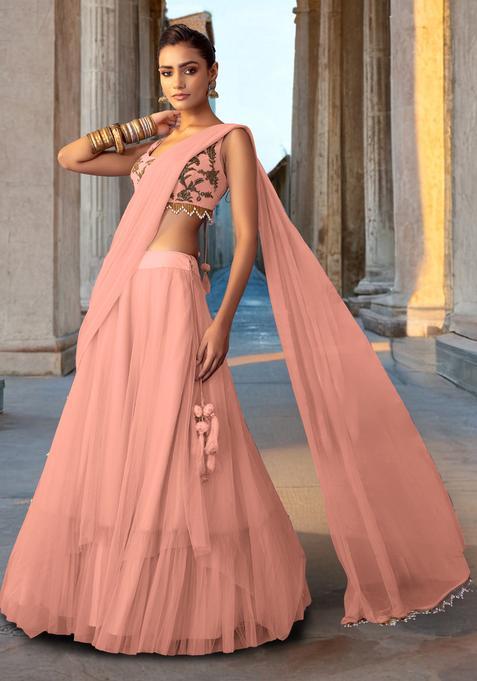 Peach Pink Hand Work Lehenga Set