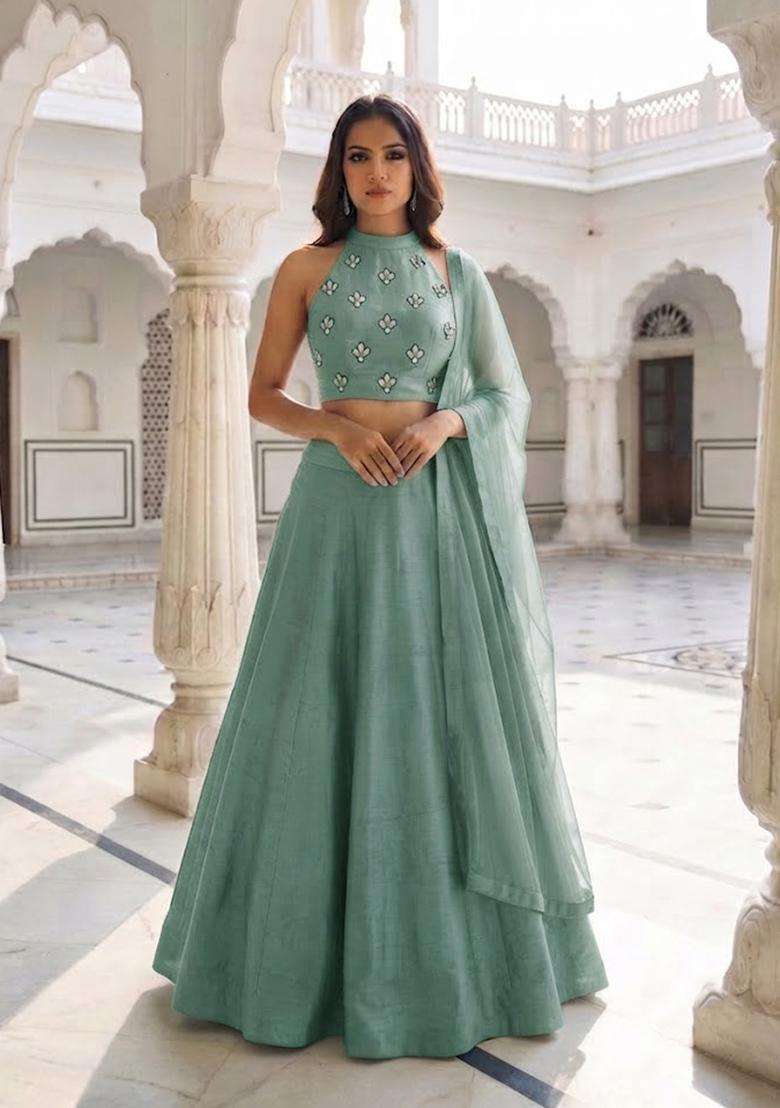 Aqua Green Handwork Lehenga Set - Indya