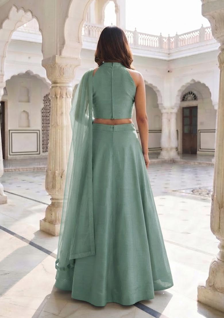 Aqua Green Handwork Lehenga Set - Indya