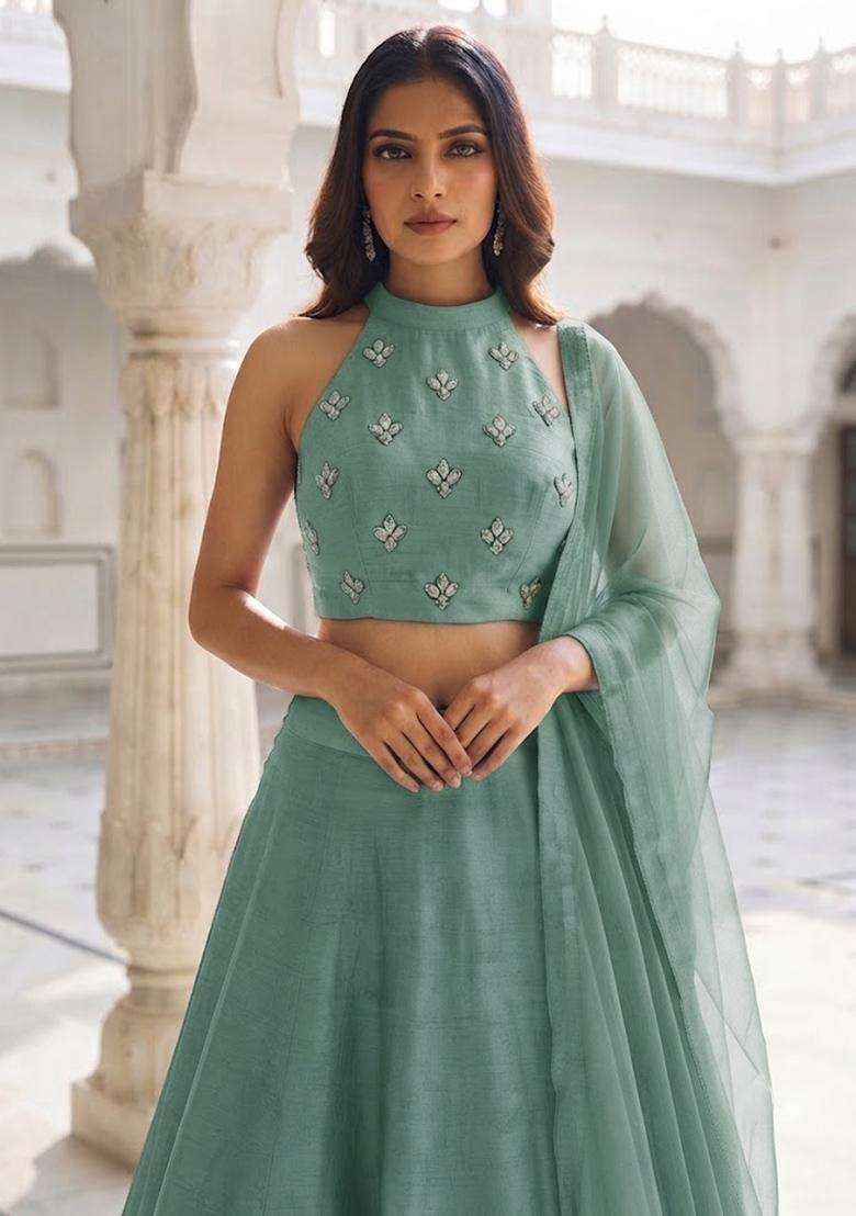Aqua Green Handwork Lehenga Set - Indya