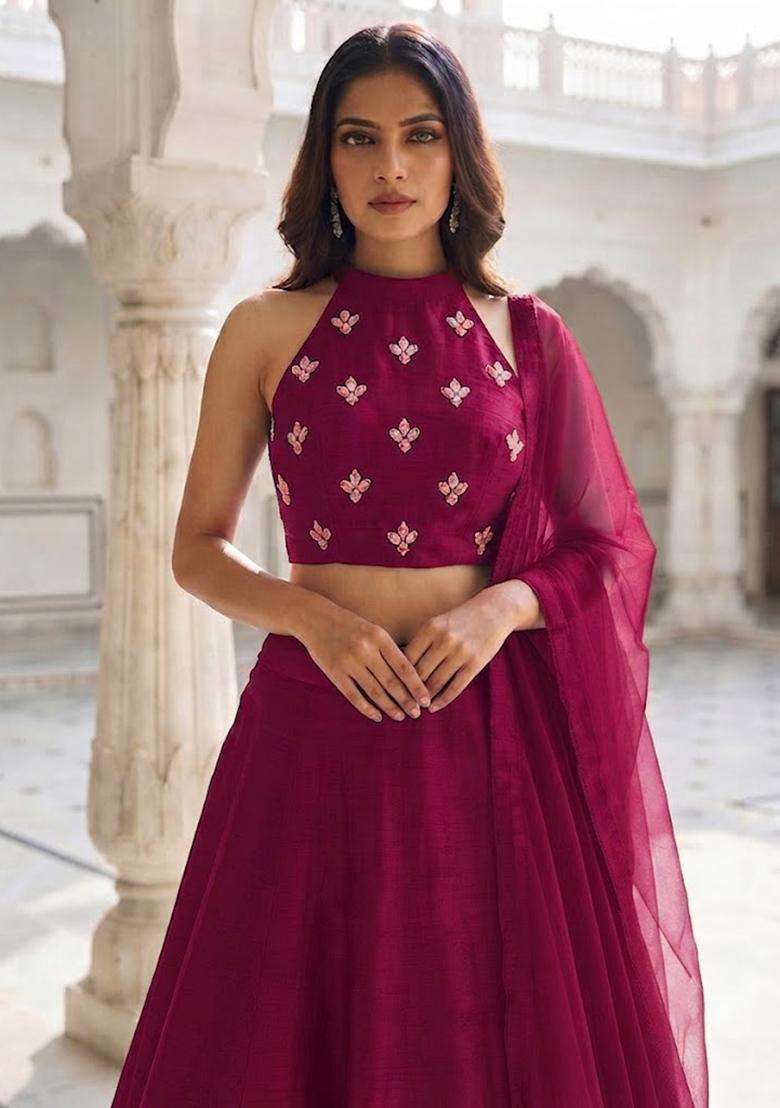 Magenta Handwork Lehenga Set - Indya
