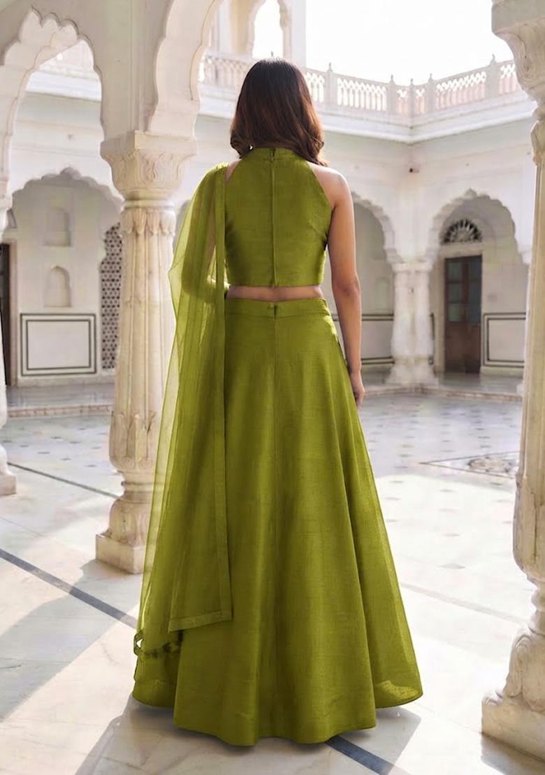 Olive Green Handwork Lehenga Set - Indya