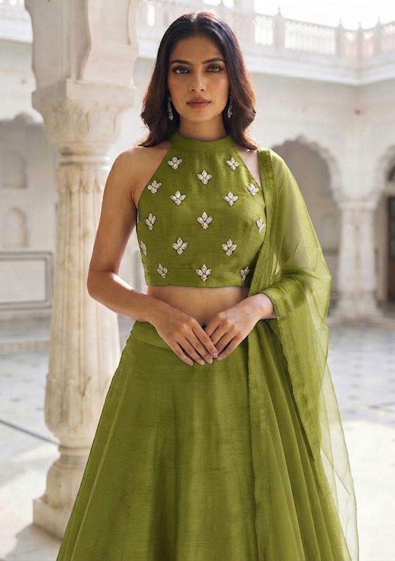 Olive Green Handwork Lehenga Set - Indya
