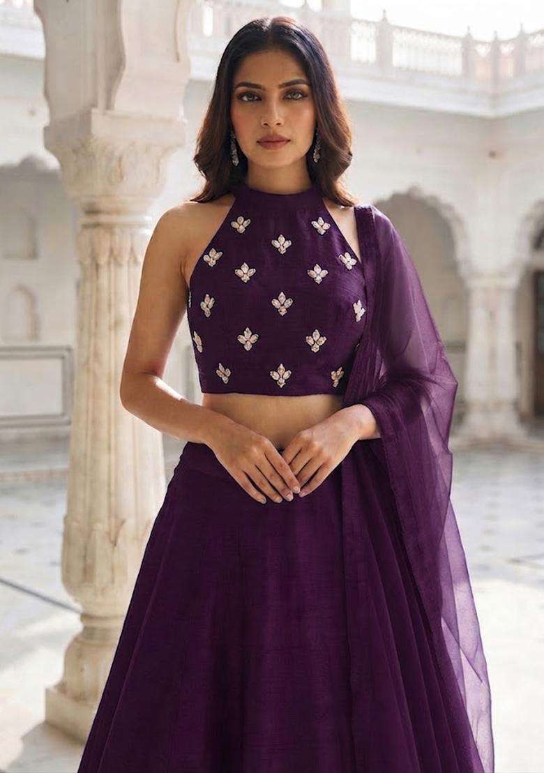 Dark Voilet Handwork Lehenga Set - Indya
