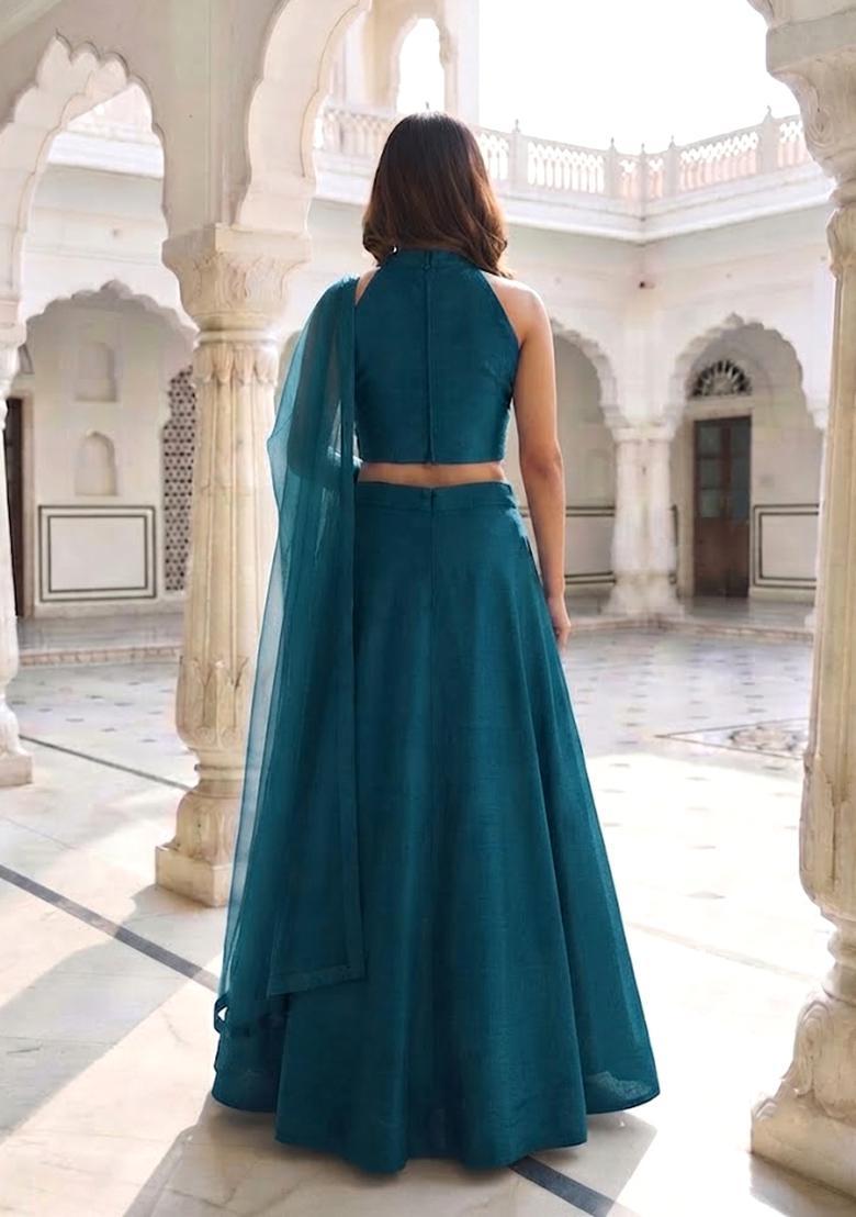 Teal Green Handwork Lehenga Set - Indya
