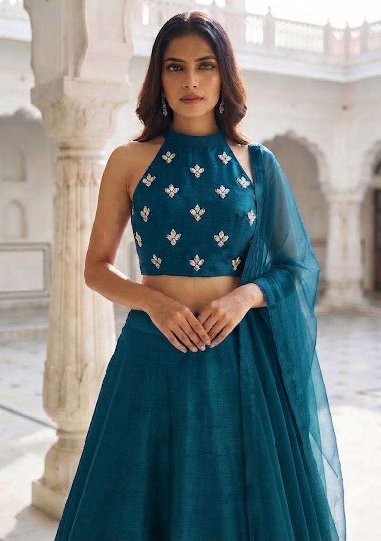 Teal Green Handwork Lehenga Set - Indya