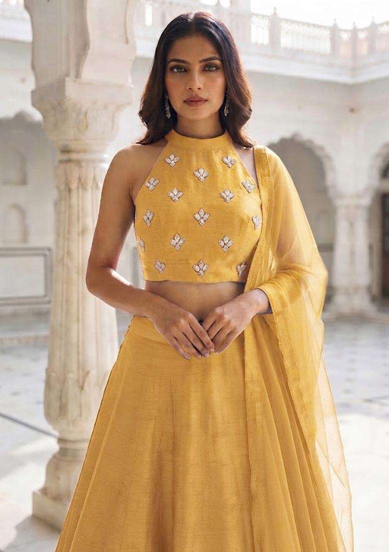 Bright Yellow Handwork Lehenga Set - Indya