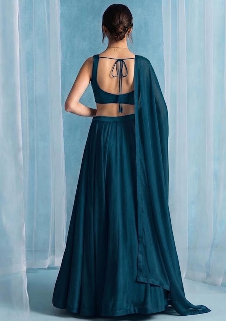Teal Green Handwork Lehenga Set - Indya