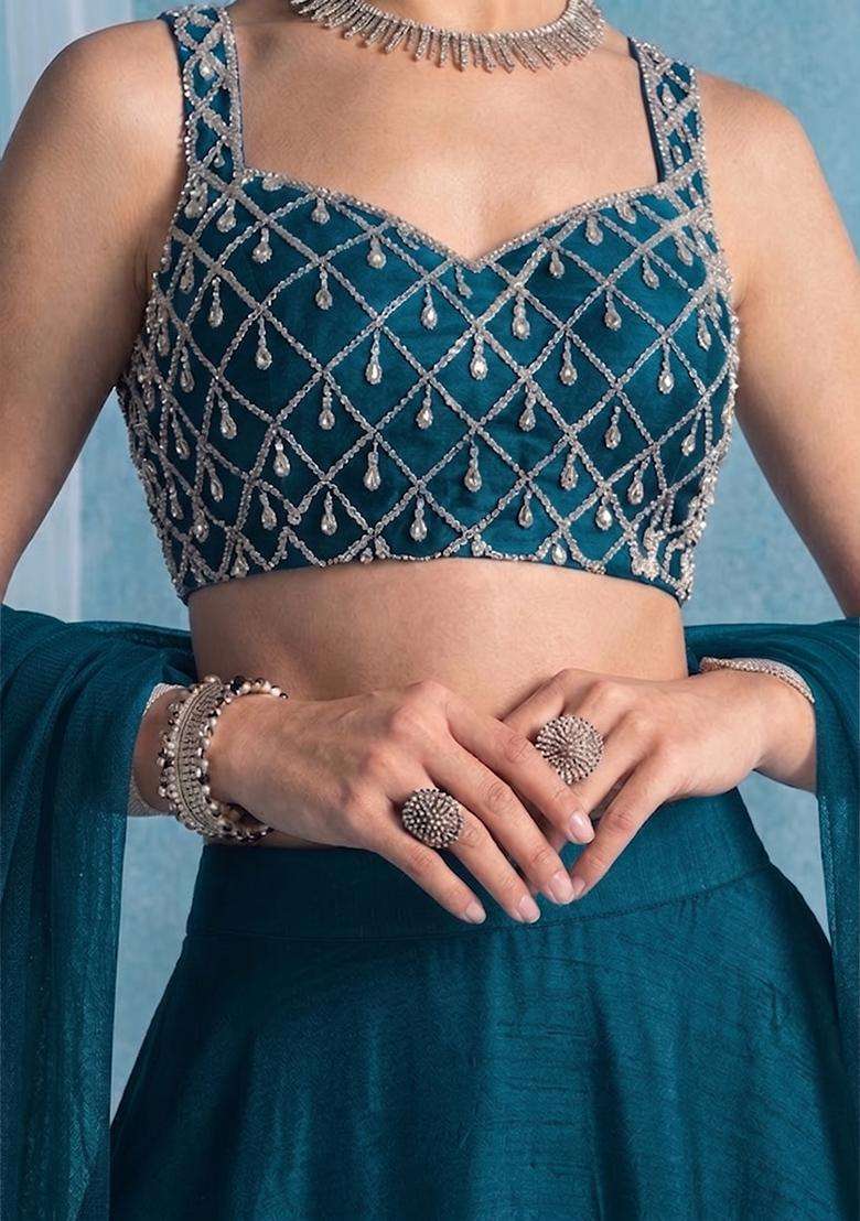 Teal Green Handwork Lehenga Set - Indya