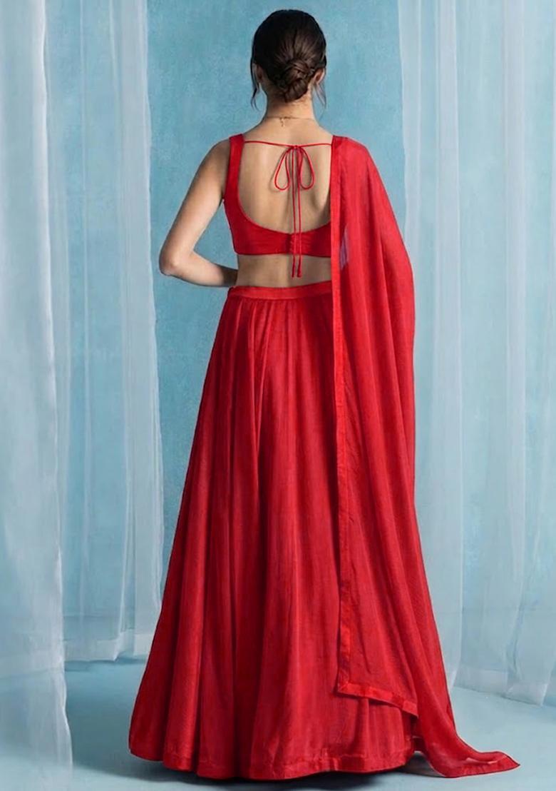Bright Red Handwork Lehenga Set - Indya