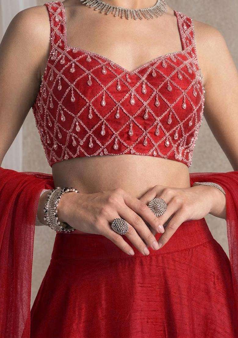 Bright Red Handwork Lehenga Set - Indya