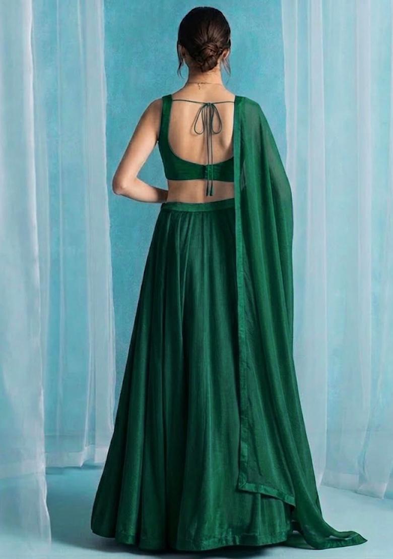Dark Green Handwork Lehenga Set - Indya