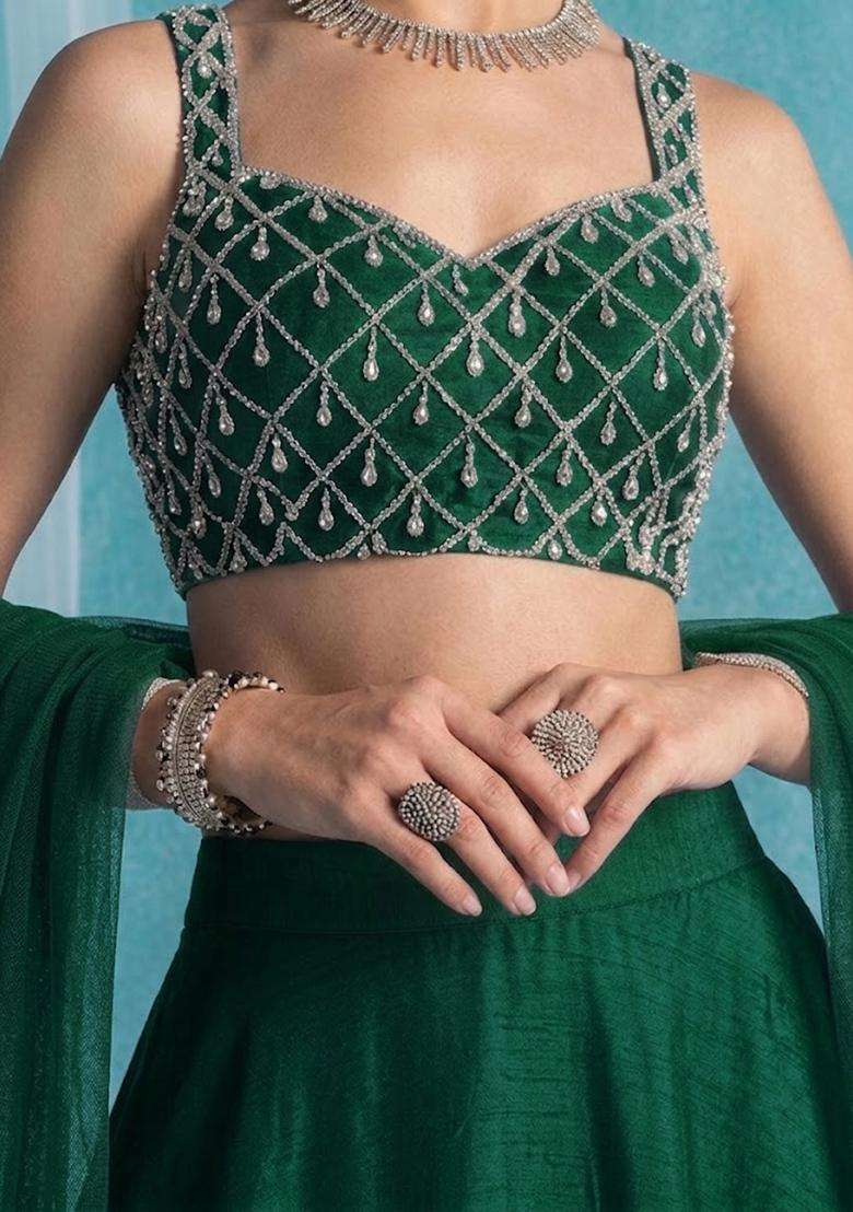 Dark Green Handwork Lehenga Set - Indya