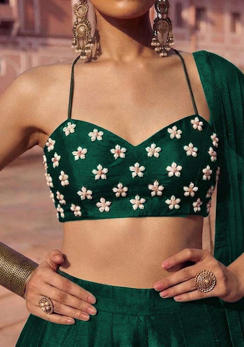 Dark Green Handwork Lehenga Set - Indya