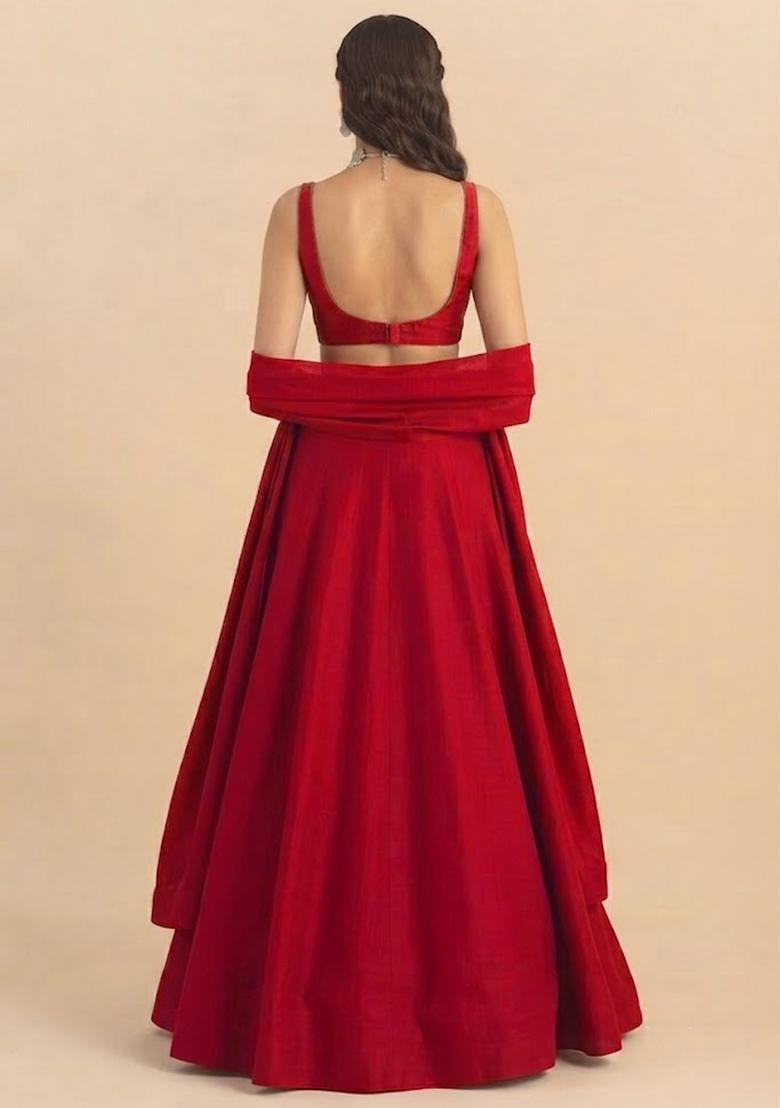 Bright Red Handwork Lehenga Set - Indya