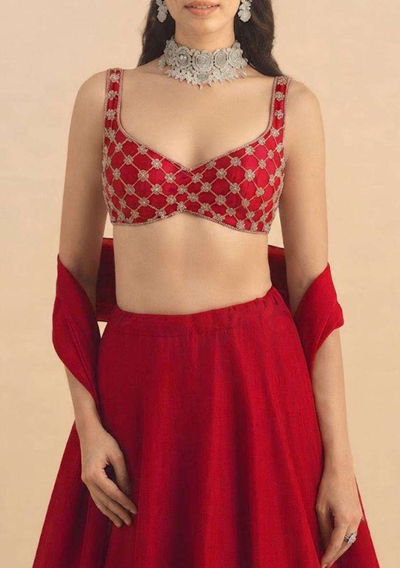 Bright Red Handwork Lehenga Set - Indya