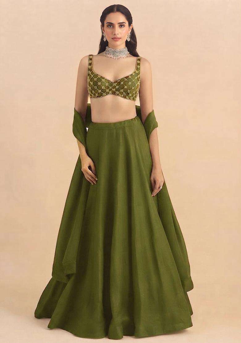 Olive Green Handwork Lehenga Set - Indya