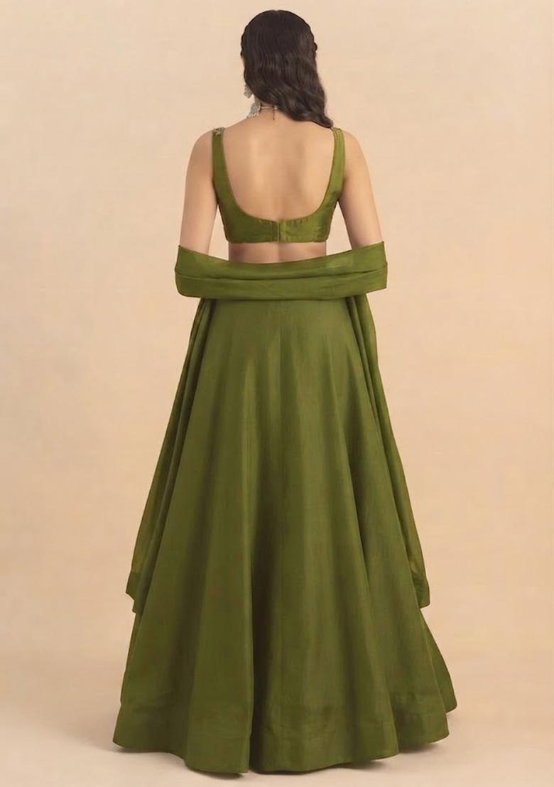 Olive Green Handwork Lehenga Set - Indya