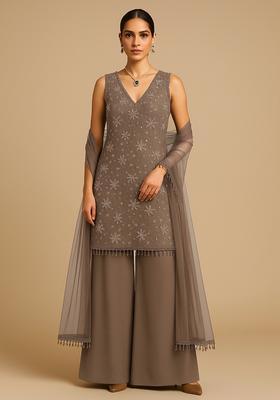 Brown Embroidered Georgette Sharara Set