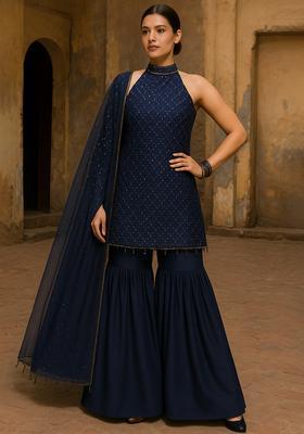 Navy Blue Embroidered Sequins Viscose Sharara Set