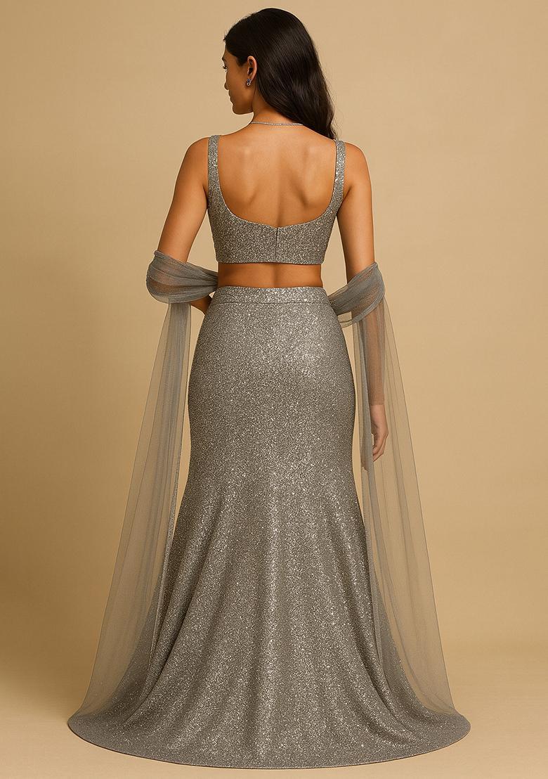 Grey Sequin Embellished Georgette Lehenga Set - Indya
