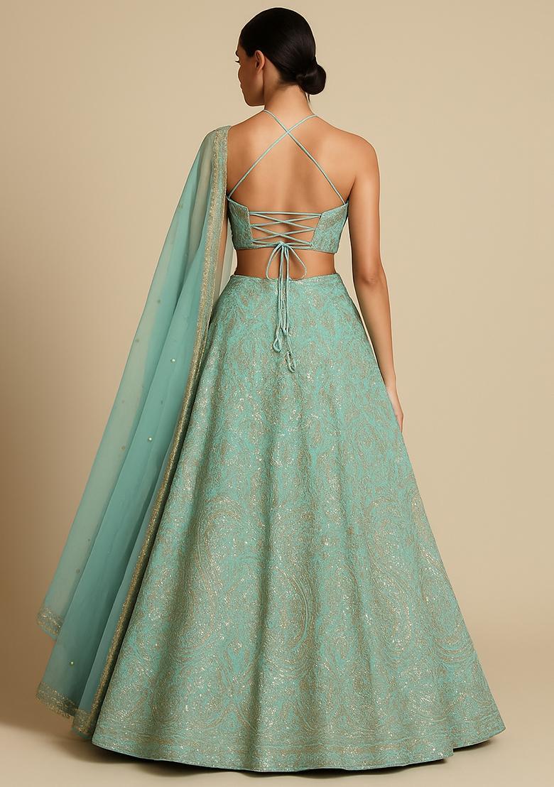Aqua Blue Embroidered Chiffon Lehenga Set - Indya