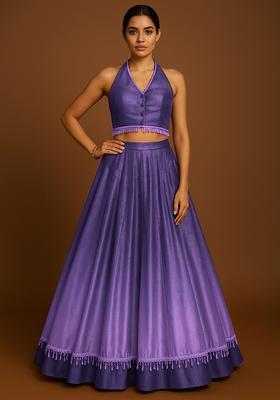 Purple Ombre Shaded With Foil Print Milano Satin Lehenga Set