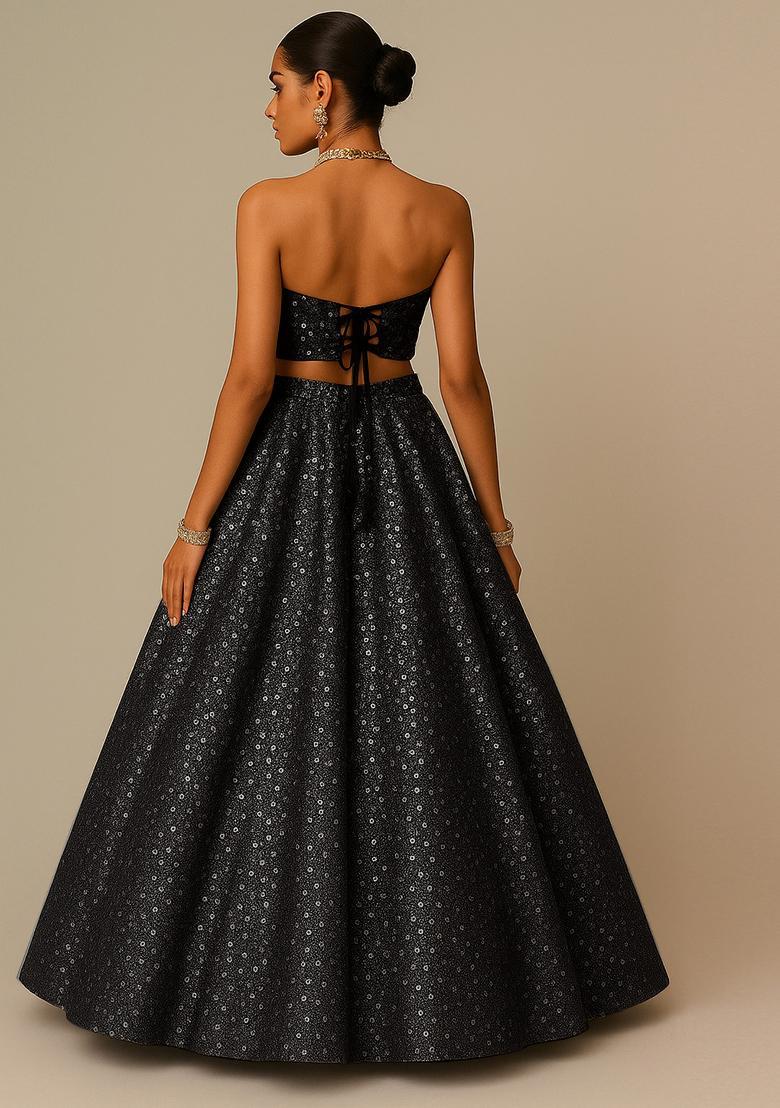 Black Embellished Net Lehenga Set - Indya