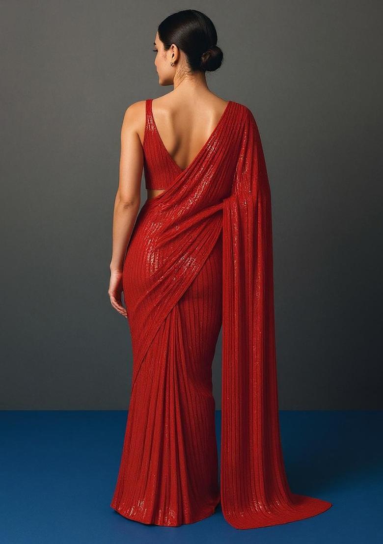 Red Sequin Work Net Pre Draped Saree Set - Indya