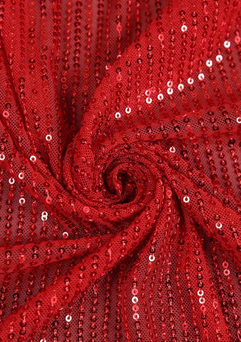 Red Sequin Work Net Pre Draped Saree Set - Indya