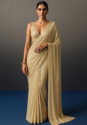 Beige Sequin Work Net Pre Draped Saree Set