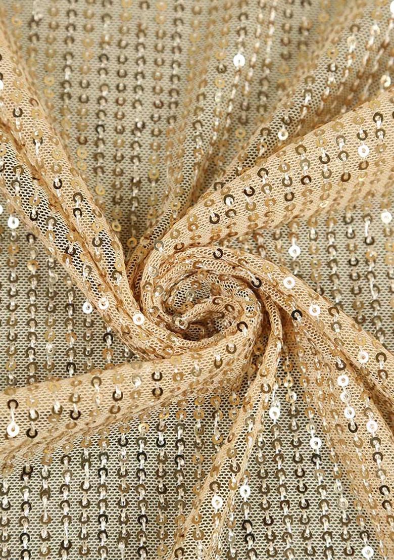 Beige Sequin Work Net Pre Draped Saree Set - Indya