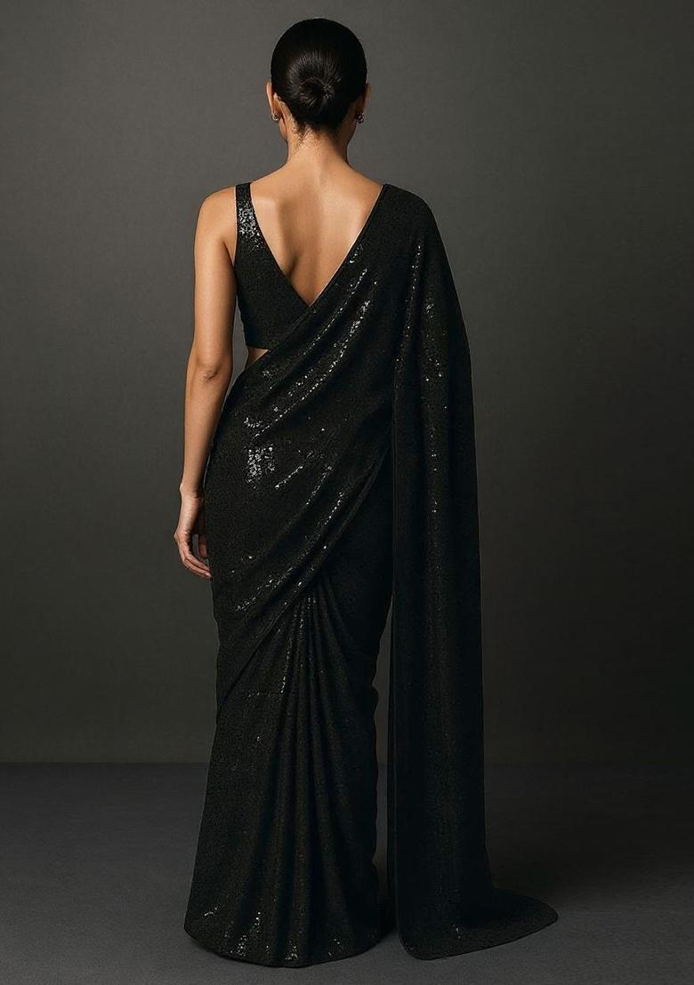 Black Sequin Work Net Pre Draped Saree Set - Indya
