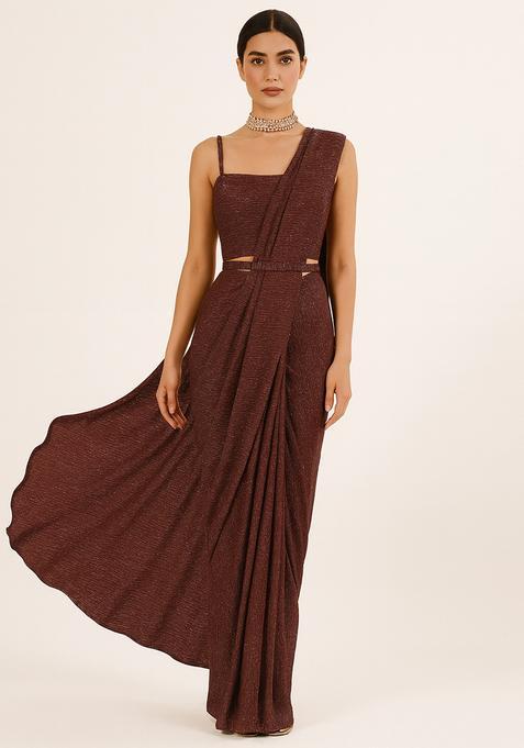 Brown Sequin Work Knit Pre Draped Saree Set