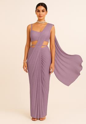 Pink Sequin Work Crinkle Knitted Pre Draped Saree Set