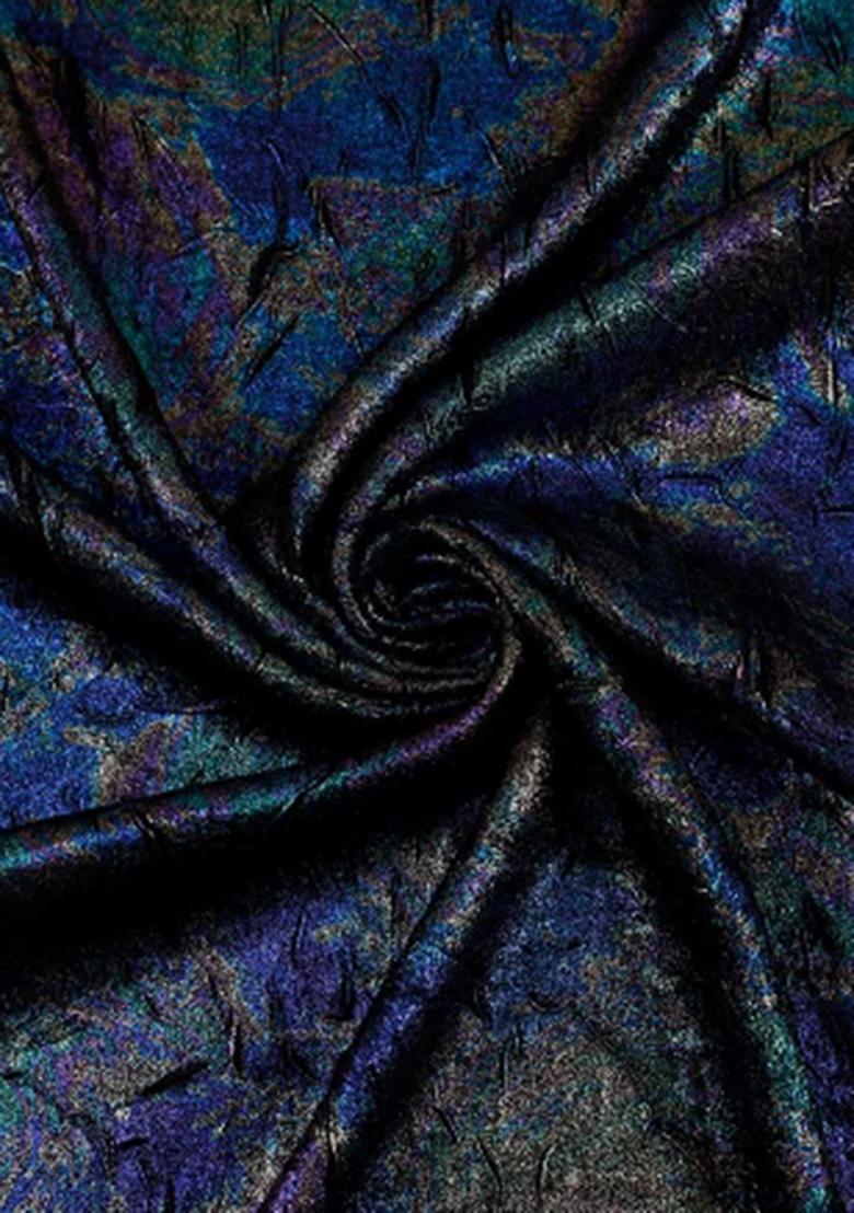 Blue Foil Print Crushed Milano Satin Pre Draped Saree Set - Indya