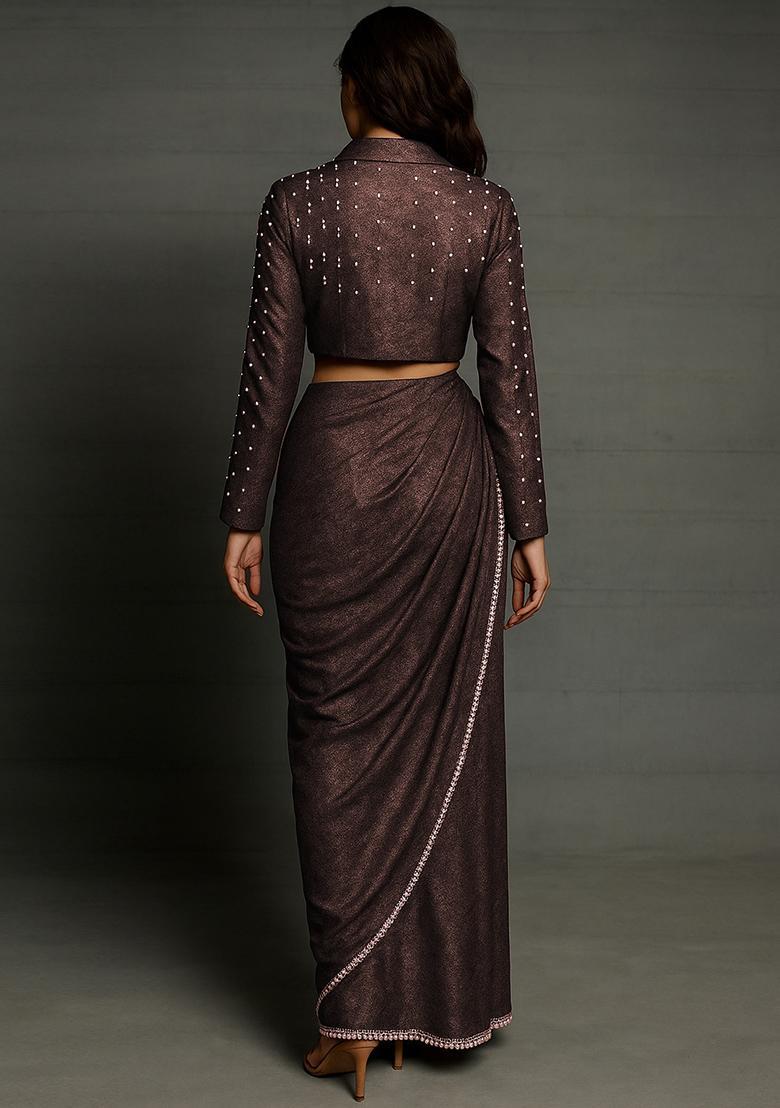 Brown Foil Print Crushed Milano Satin Pre Draped Saree Set - Indya