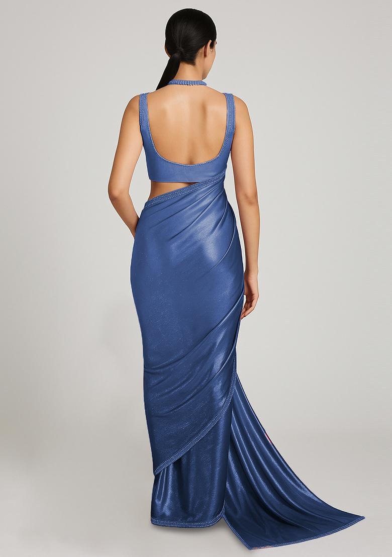 Royal Blue Ombre Shaded With Foil Print Milano Satin Pre Draped Saree Set - Indya