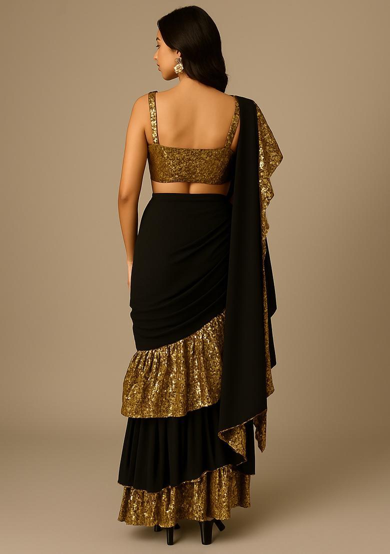 Golden Embellished Net Pre Draped Saree Set - Indya