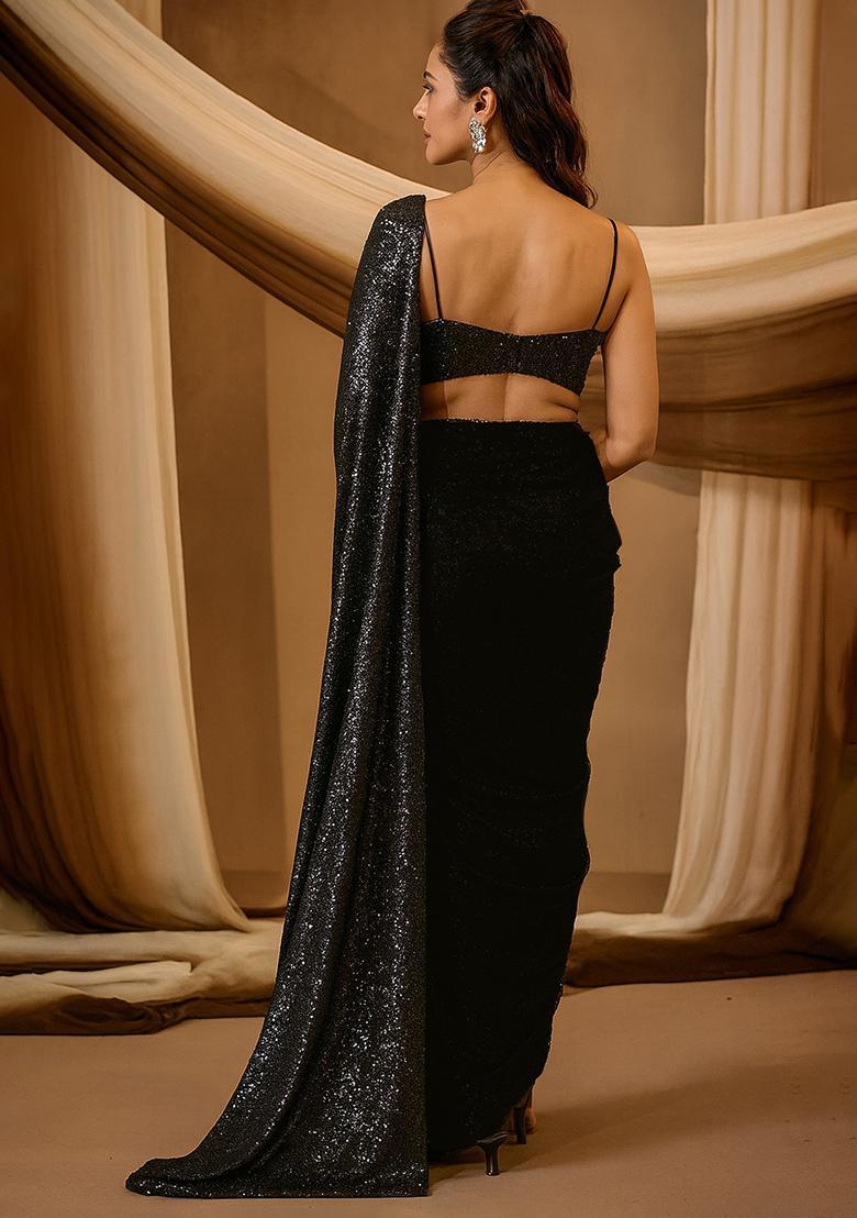 Black Embellished Stretch knit Pre Draped Saree Set - Indya