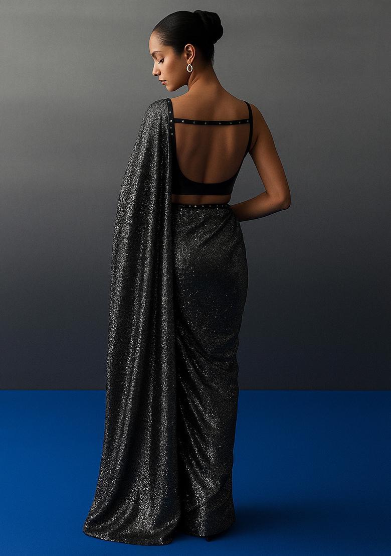 Copper And Black Embellished Metallic Knit Pre Draped Saree Set - Indya
