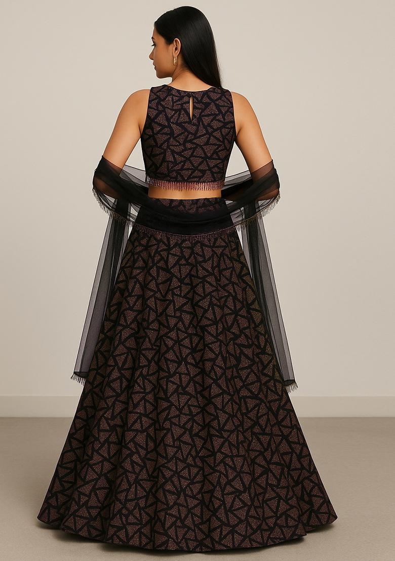Black And Copper Jacquard Knit Lehenga Set - Indya