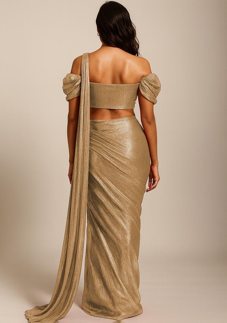 Golden Foil Printed Knit Pre Draped Saree Set - Indya
