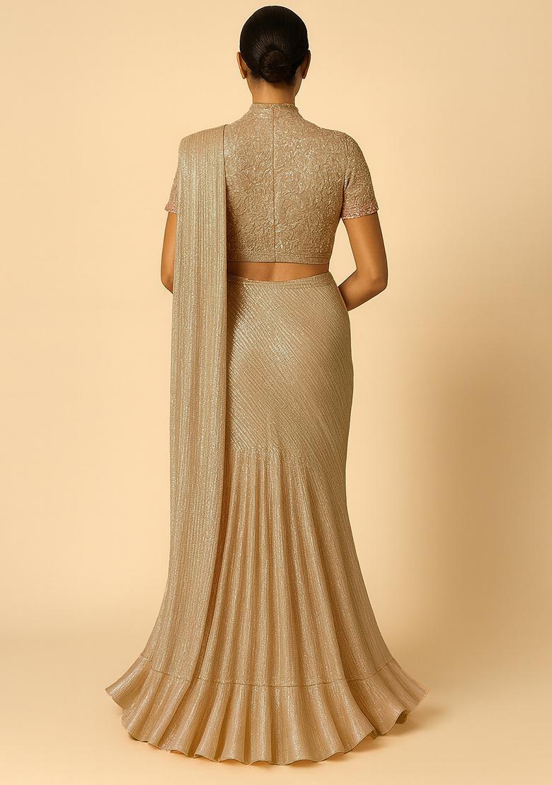 Golden Foil Printed Knit Pre Draped Saree Set - Indya