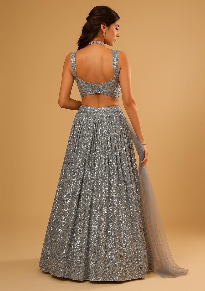 Grey Embellished Net Lehenga Set - Indya