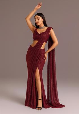 Maroon sequin Embellished Georgette Saree set