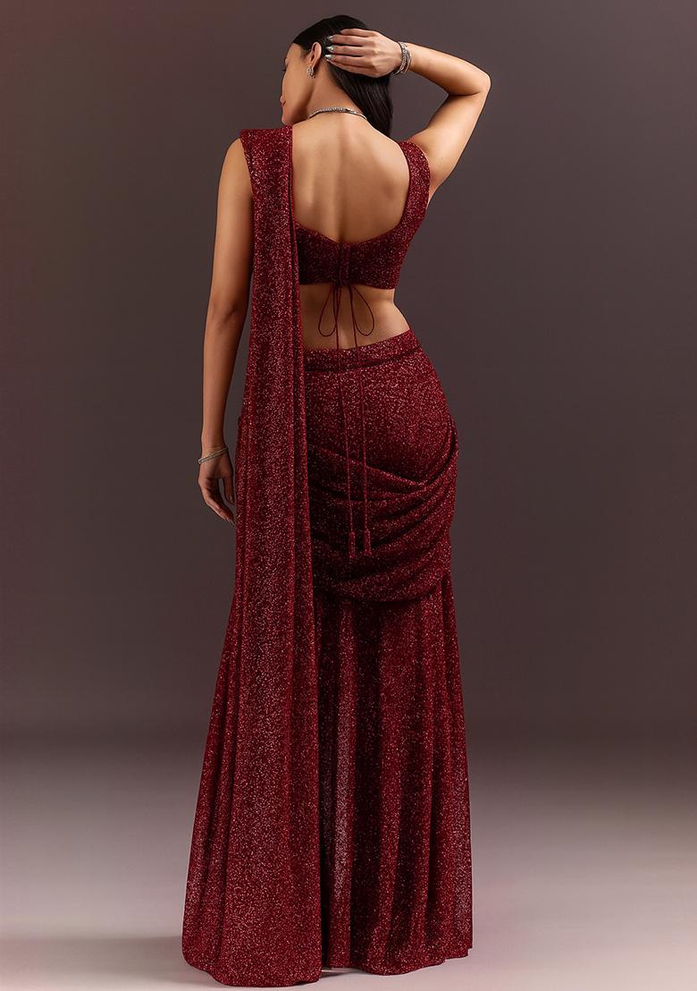 Maroon sequin Embellished Georgette Saree set - Indya